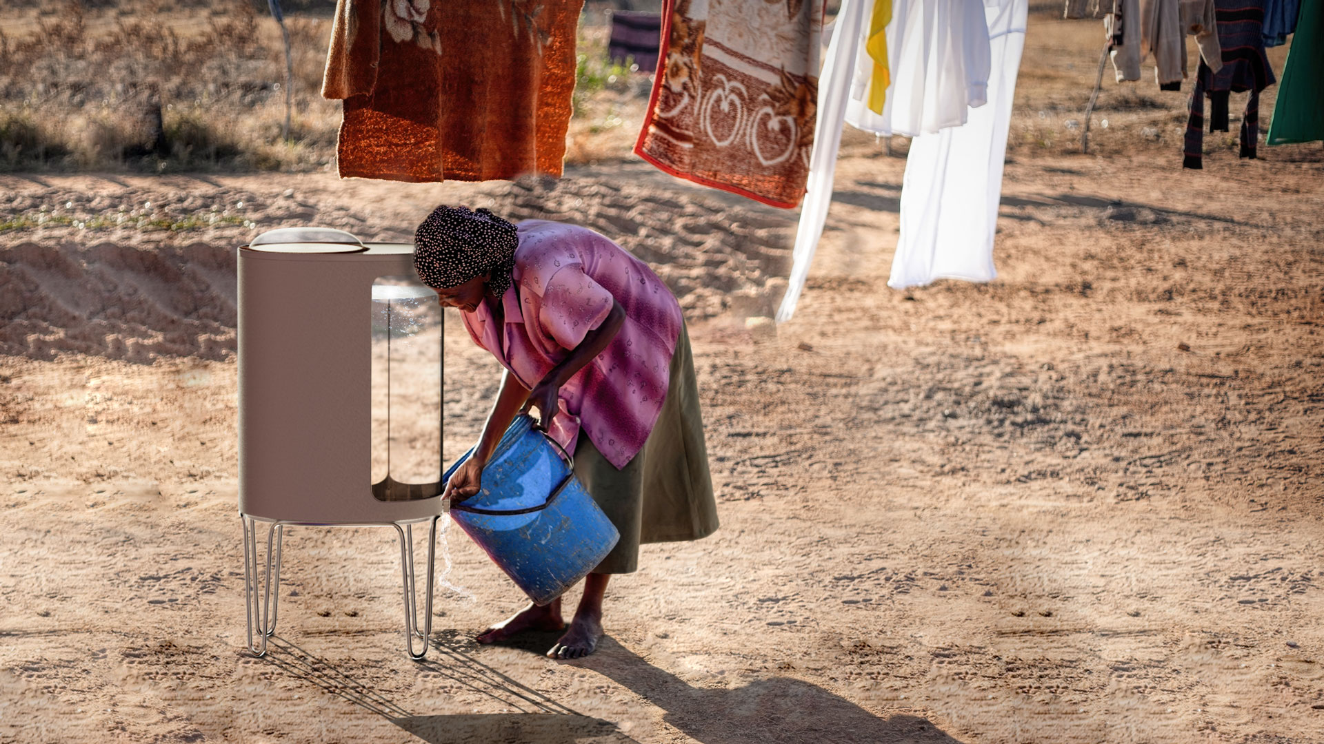 african woman using solar powered stil water purifier